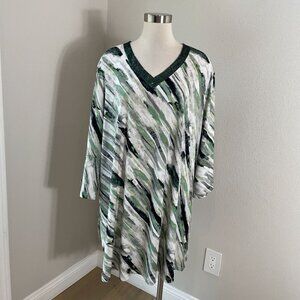 Ulla Popken Womens Plus 24/26 Green White Tie Dye Sequin V Neck Tunic Top Stretc